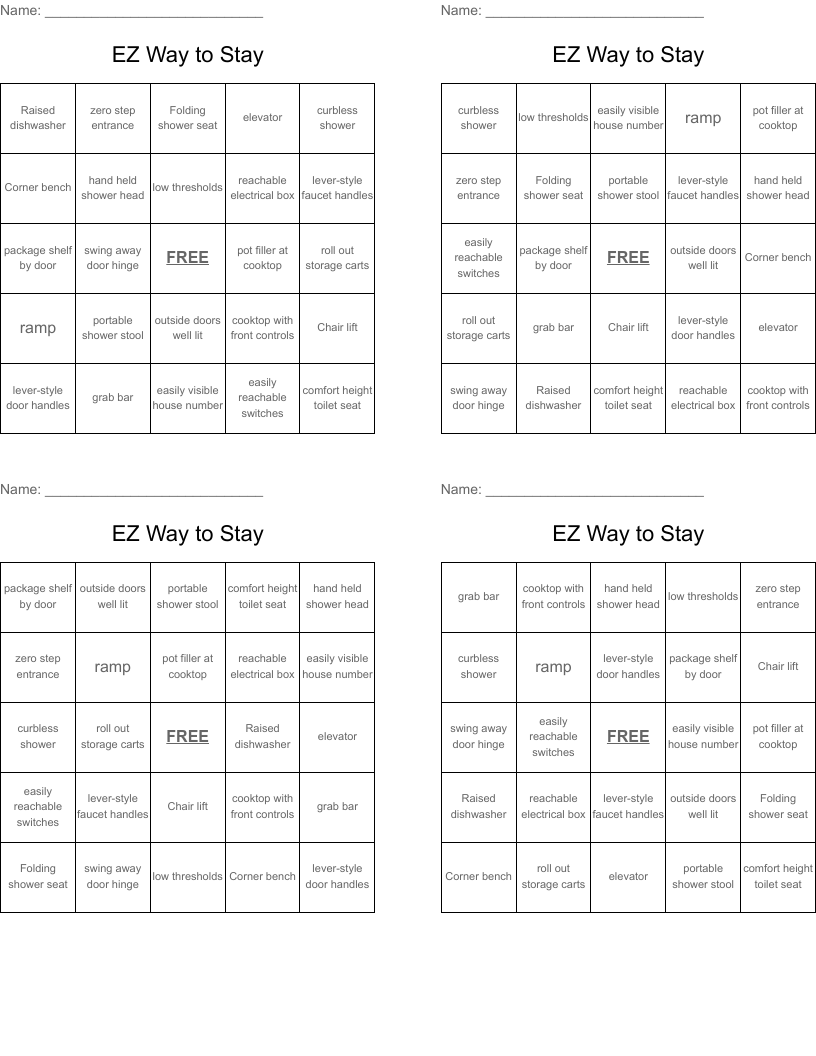 EZ Way to Stay Bingo Cards