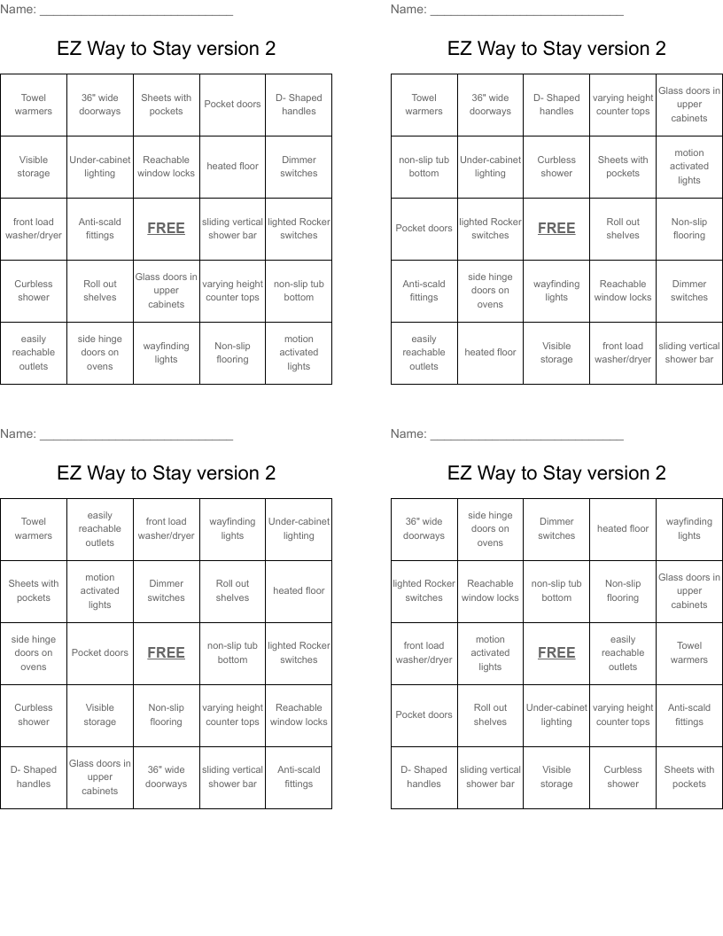 EZ Way to Stay version 2 Bingo Cards