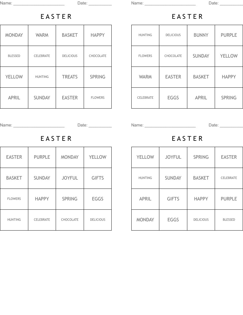 E A S T E R  Bingo Cards