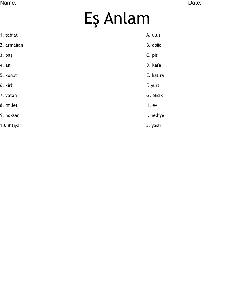 Eş Anlam Worksheet