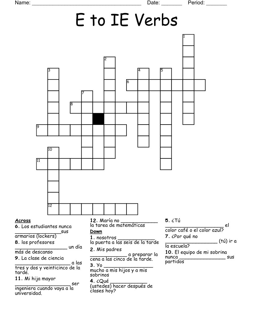 E to IE Verbs Crossword