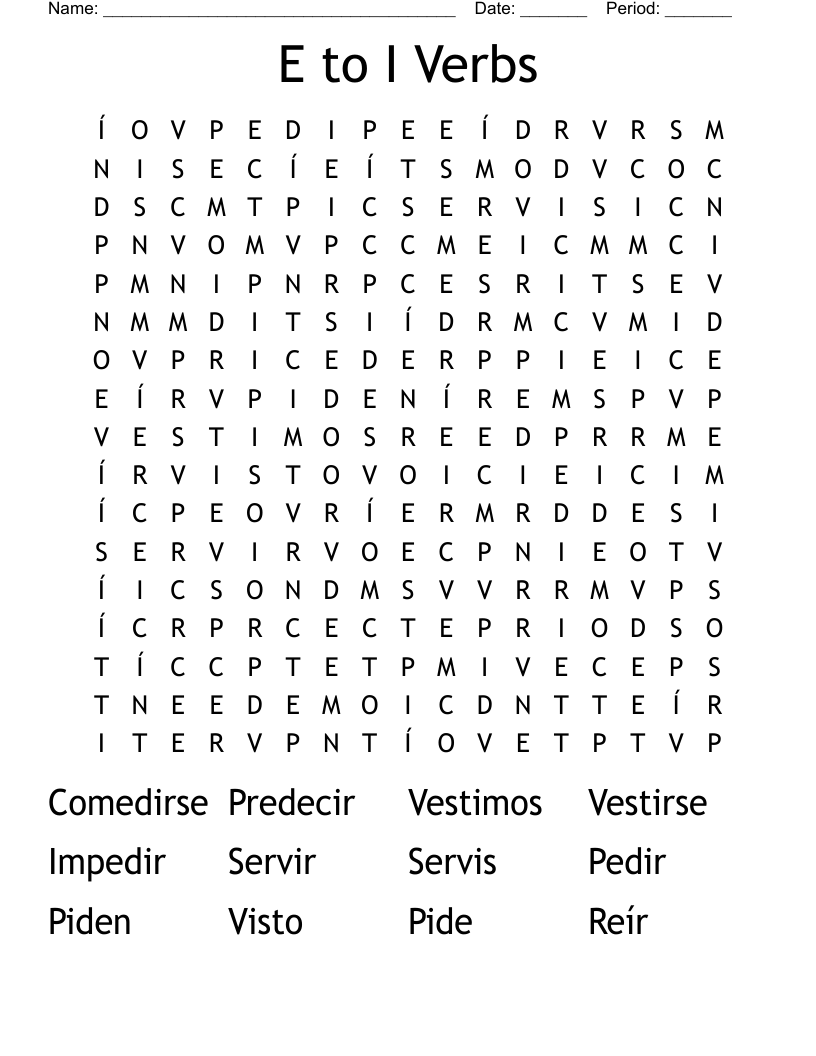 E to I Verbs Word Search
