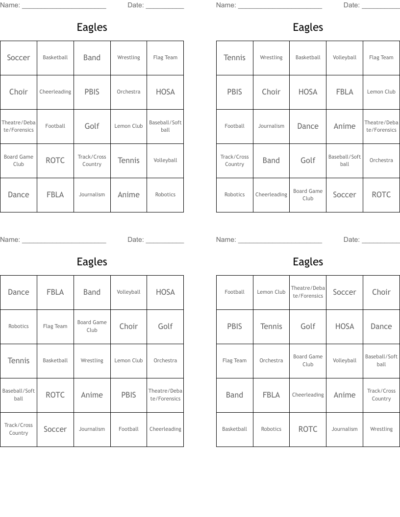 Eagles Bingo Cards