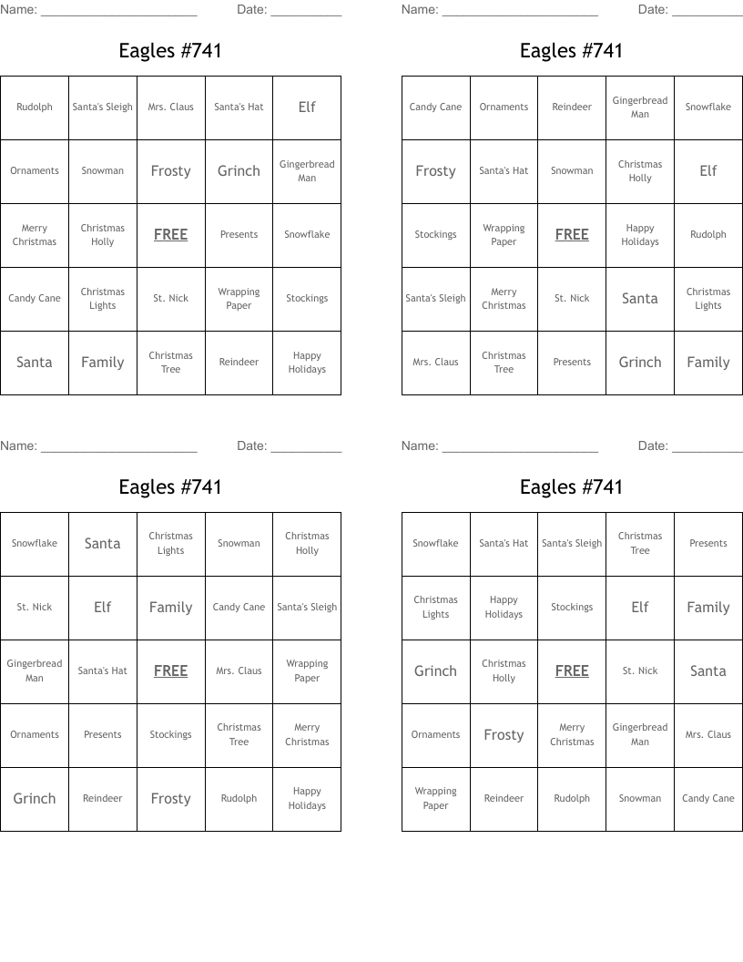 Eagles #741  Bingo Cards