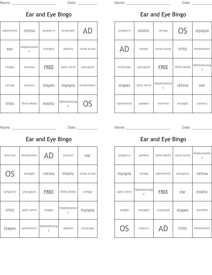 Ear and Eye Bingo