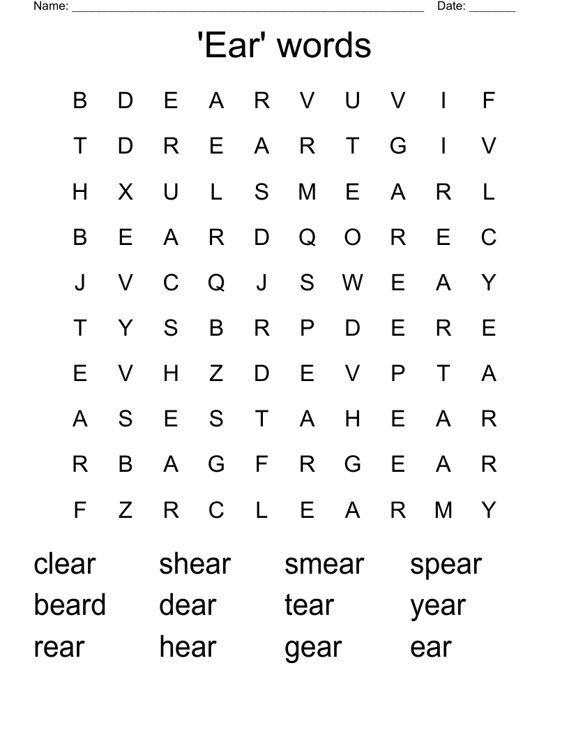 'Ear' words Word Search