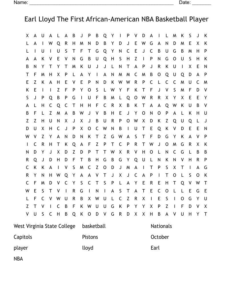 Earl Lloyd The First African-American NBA Basketball Player Word Search