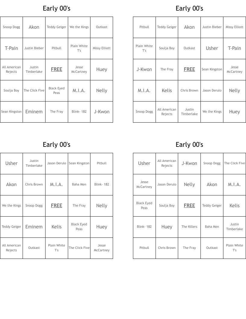Early 00's Bingo Cards