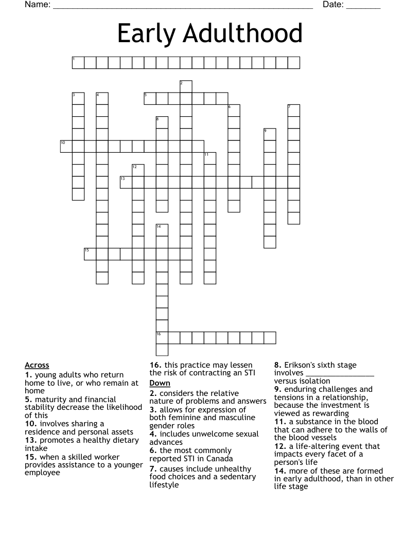 Early Adulthood Crossword