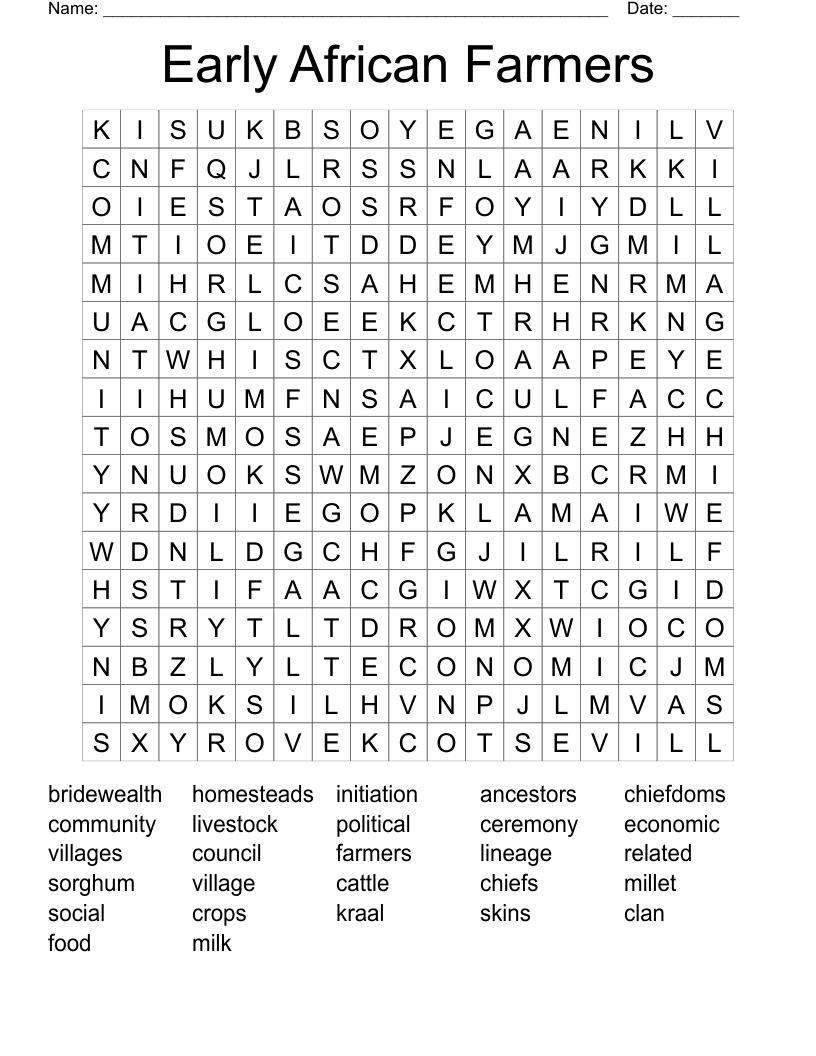 Early African Farmers Word Search