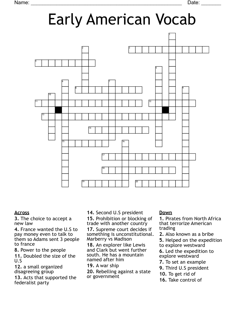 Early American Vocab Crossword
