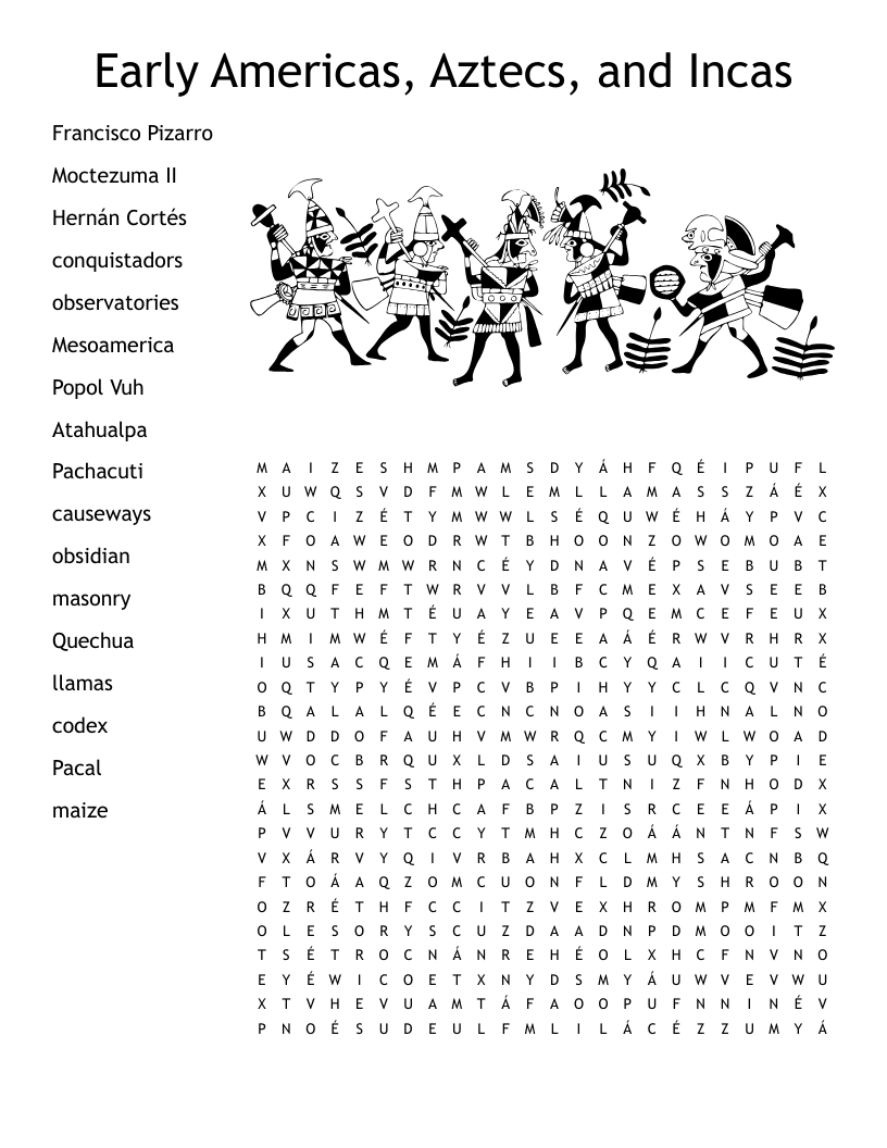Early Americas, Aztecs, and Incas Word Search