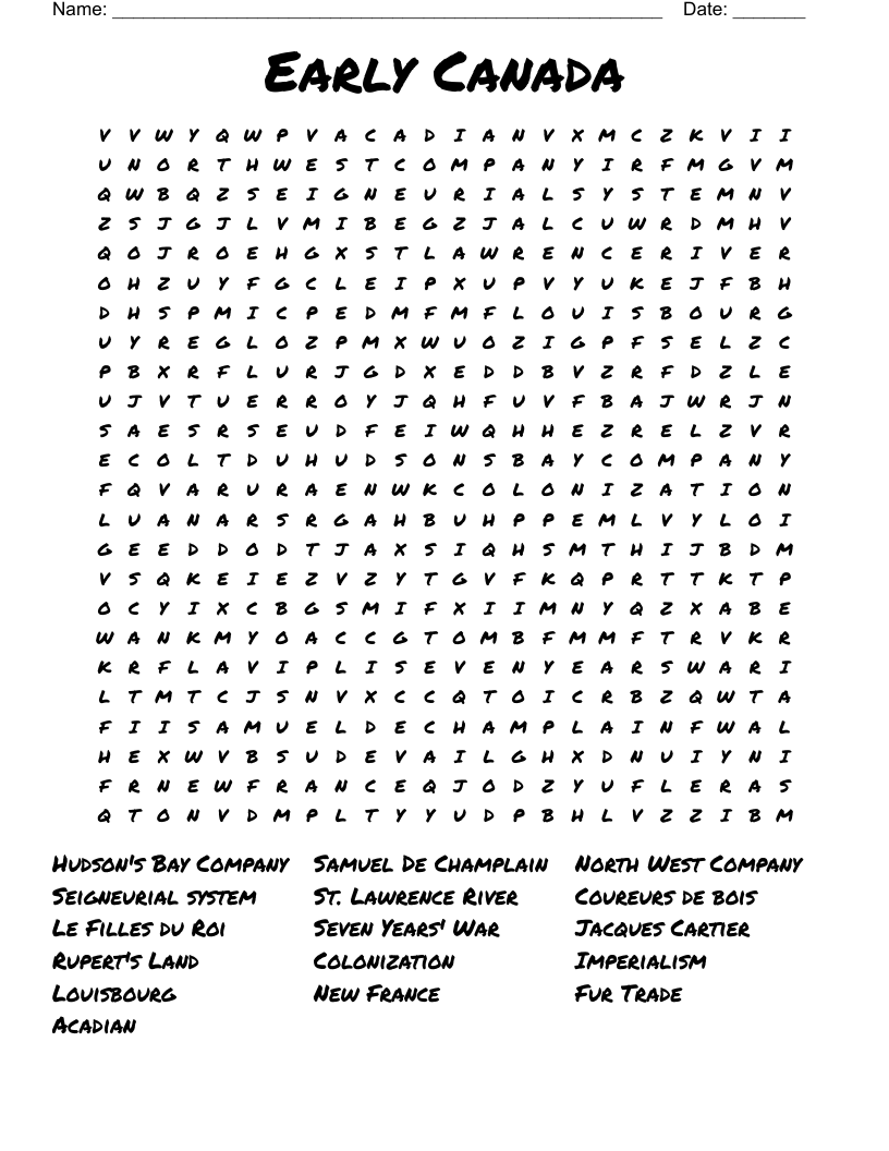 Early Canada Word Search