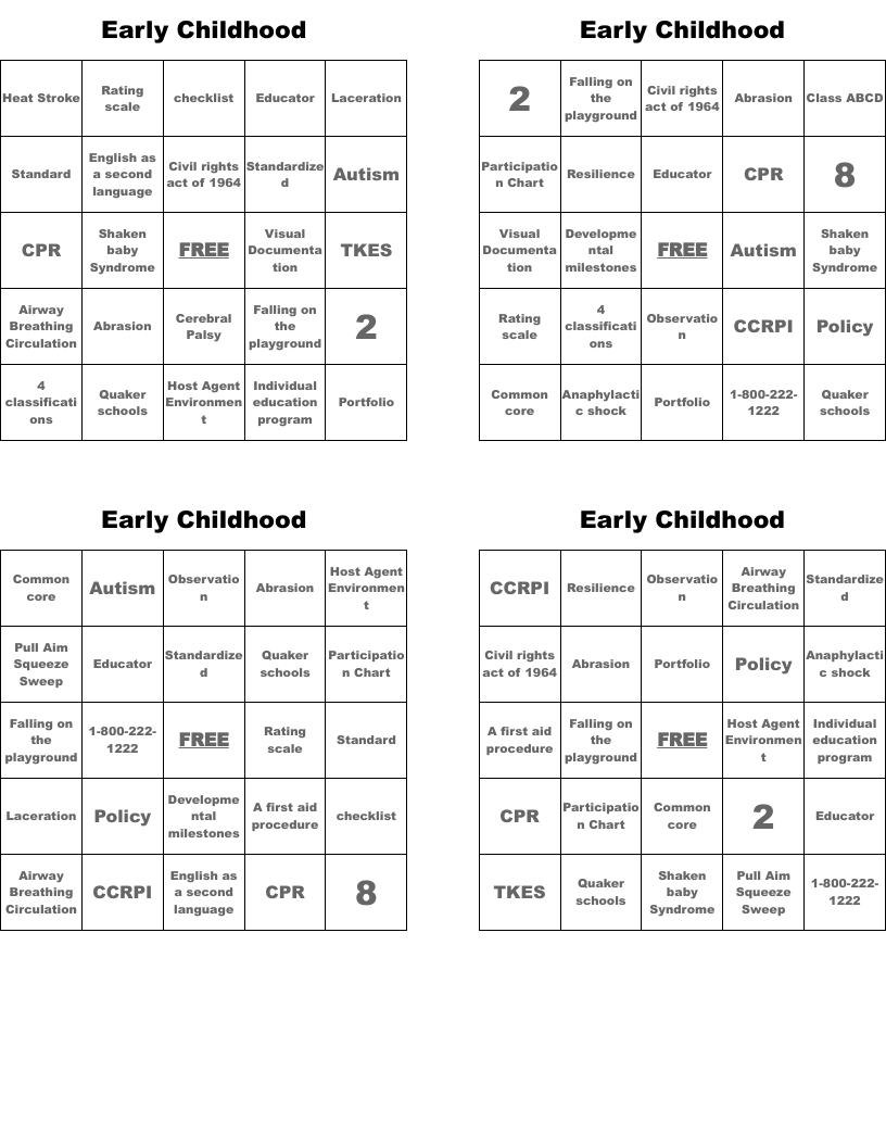 Early Childhood Bingo Cards