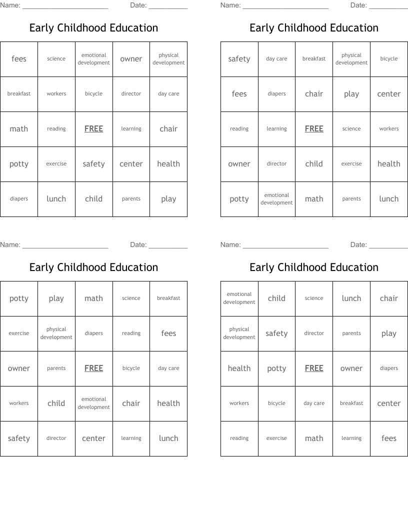 Early Childhood Education Bingo Cards