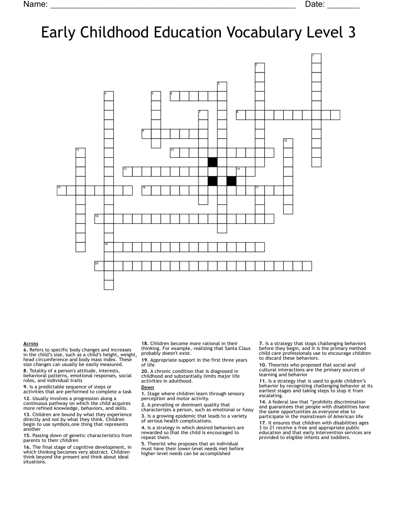 Early Childhood Education Vocabulary Level 3 Crossword