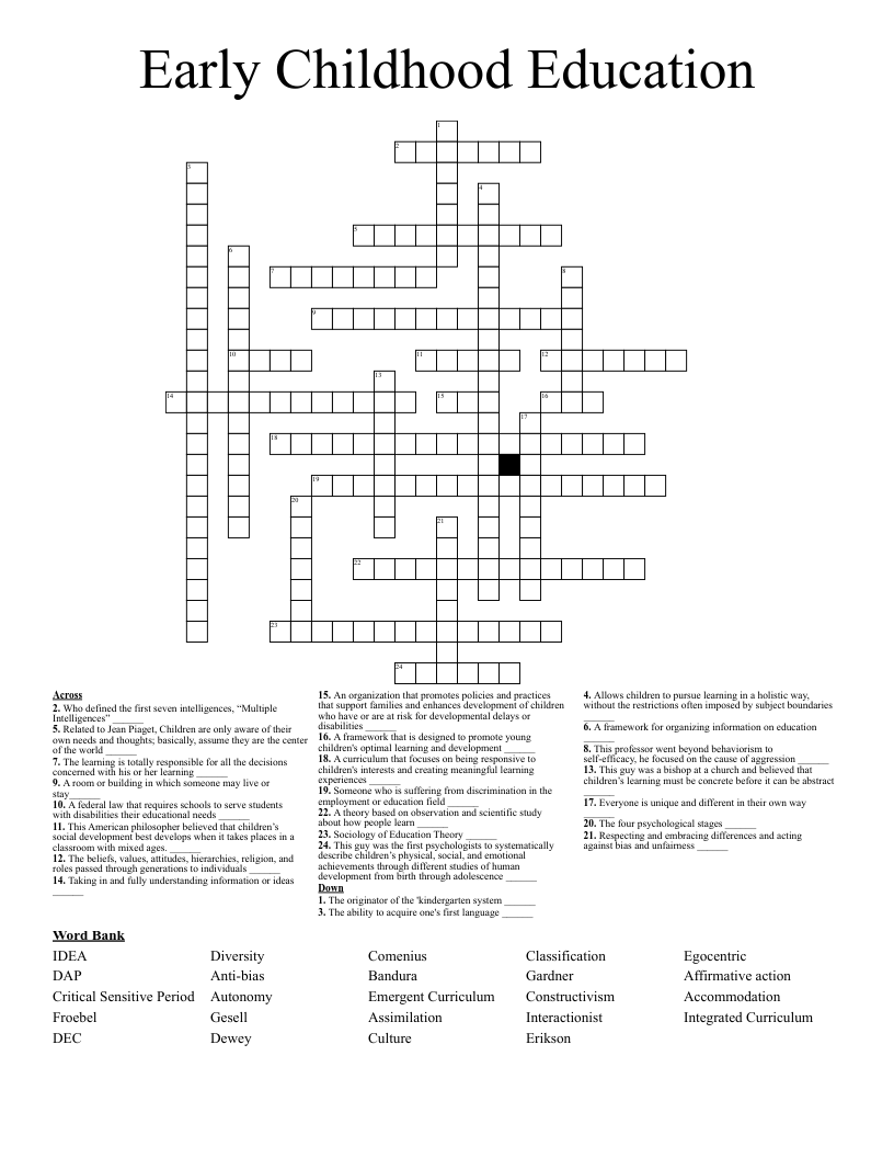 Early Childhood Education  Crossword