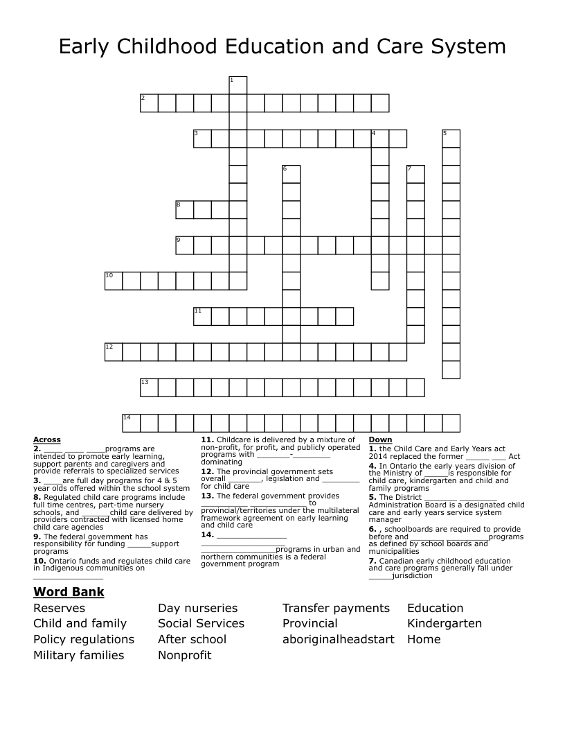 Early Childhood Education and Care System Crossword