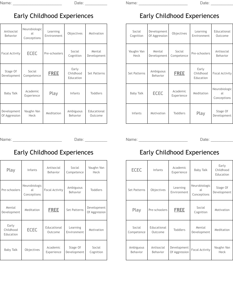 Early Childhood Experiences  Bingo Cards