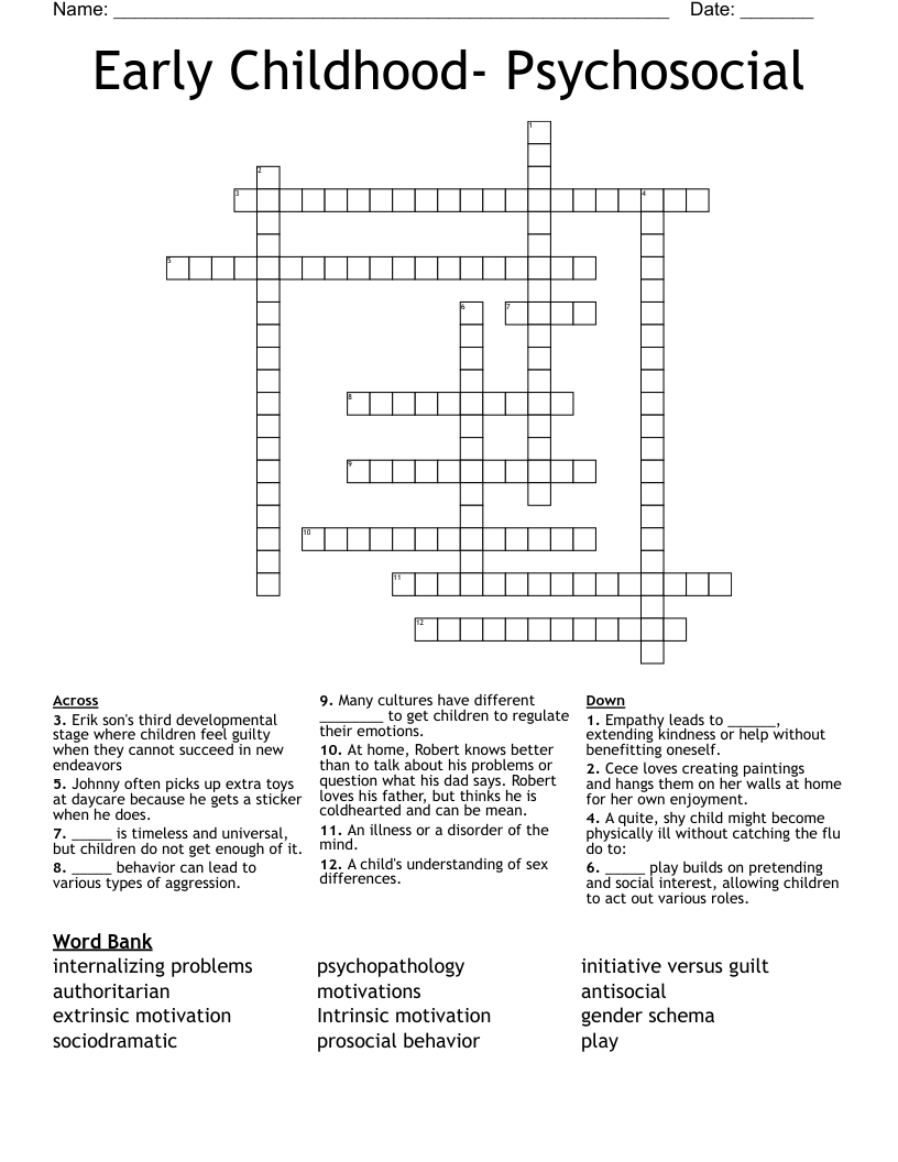 Early Childhood- Psychosocial Crossword