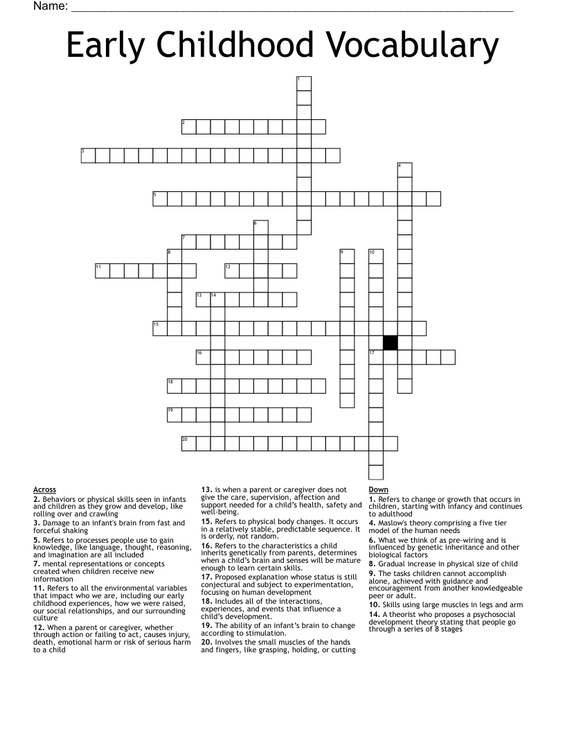 Early Childhood Vocabulary Crossword
