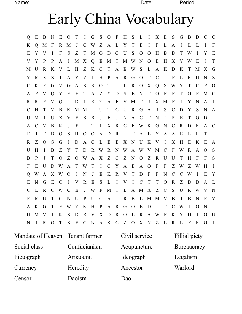 Early China Vocabulary Word Search