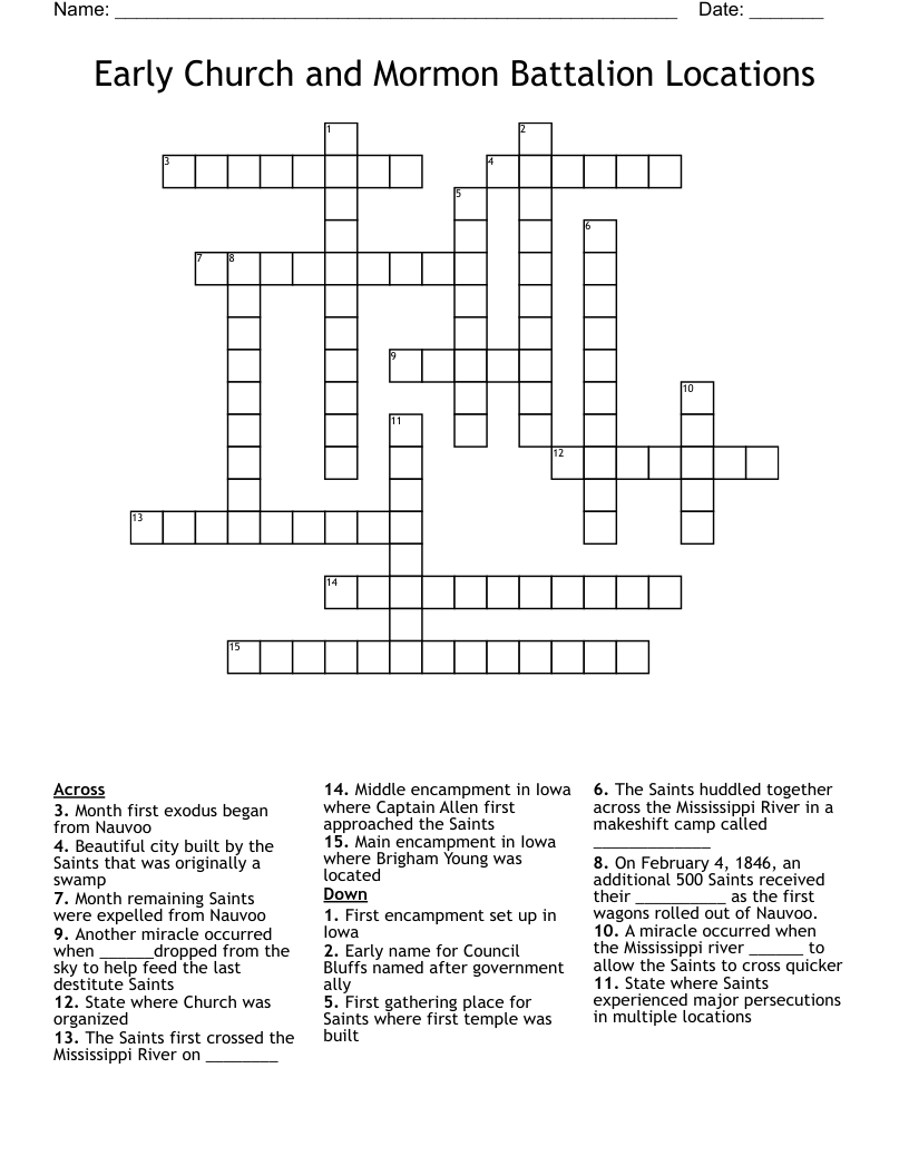 Early Church and Mormon Battalion Locations Crossword