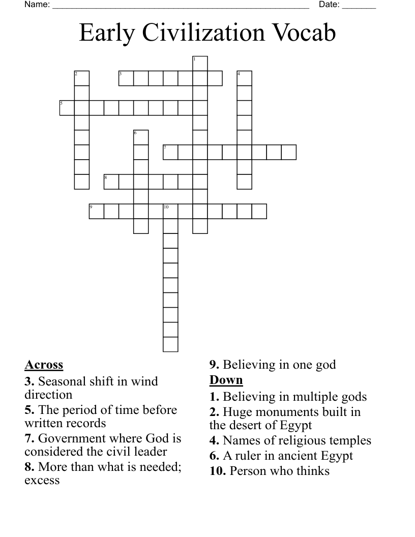 Early Civilization Vocab Crossword