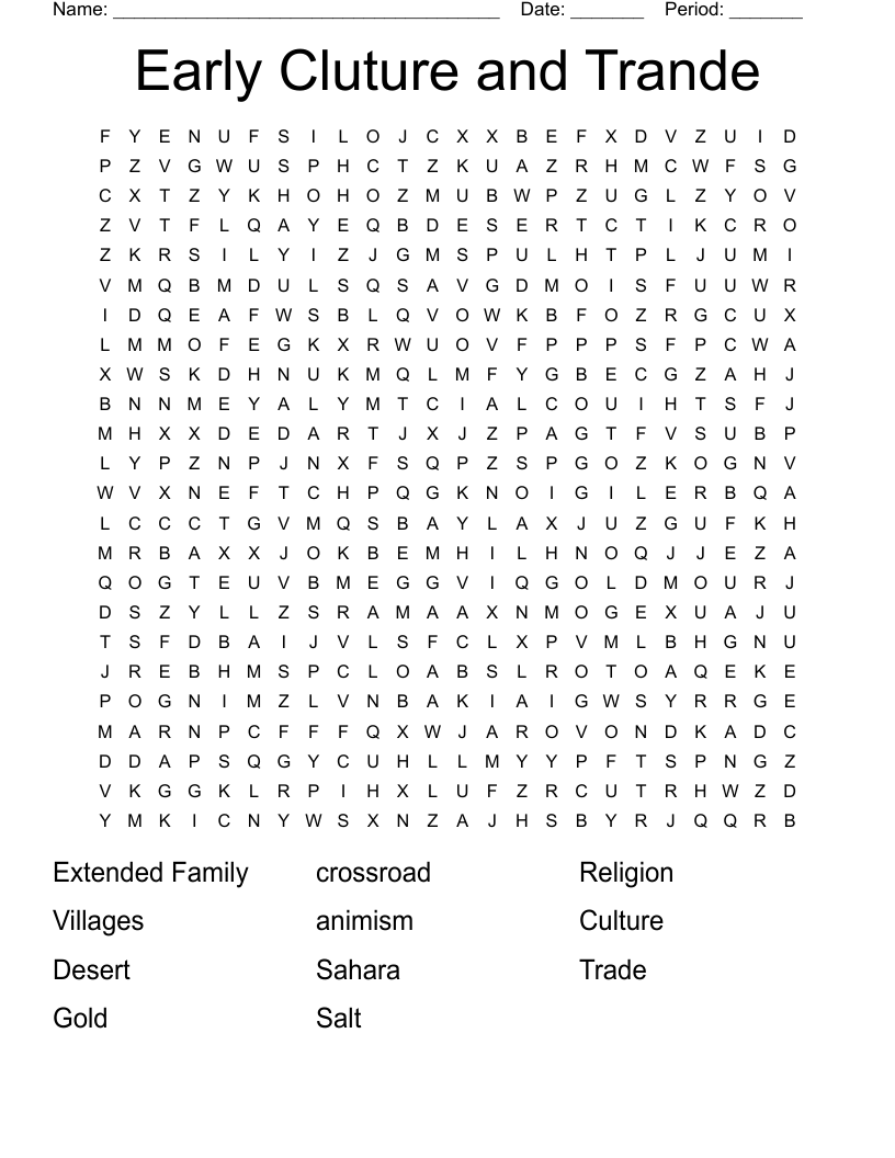 Early Cluture and Trande Word Search