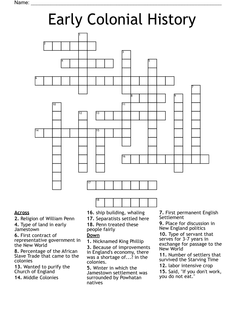 Early Colonial History Crossword