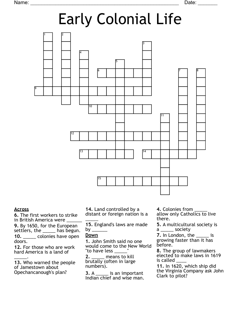 Early Colonial Life Crossword