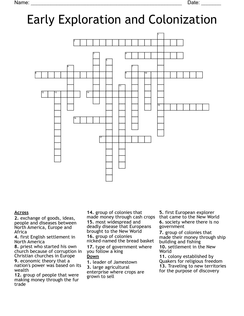 Early Exploration and Colonization  Crossword