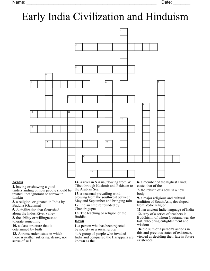 Early India Civilization and Hinduism Crossword