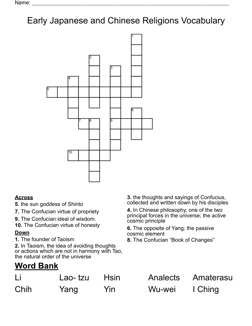 Early Japanese and Chinese Religions Vocabulary  Crossword