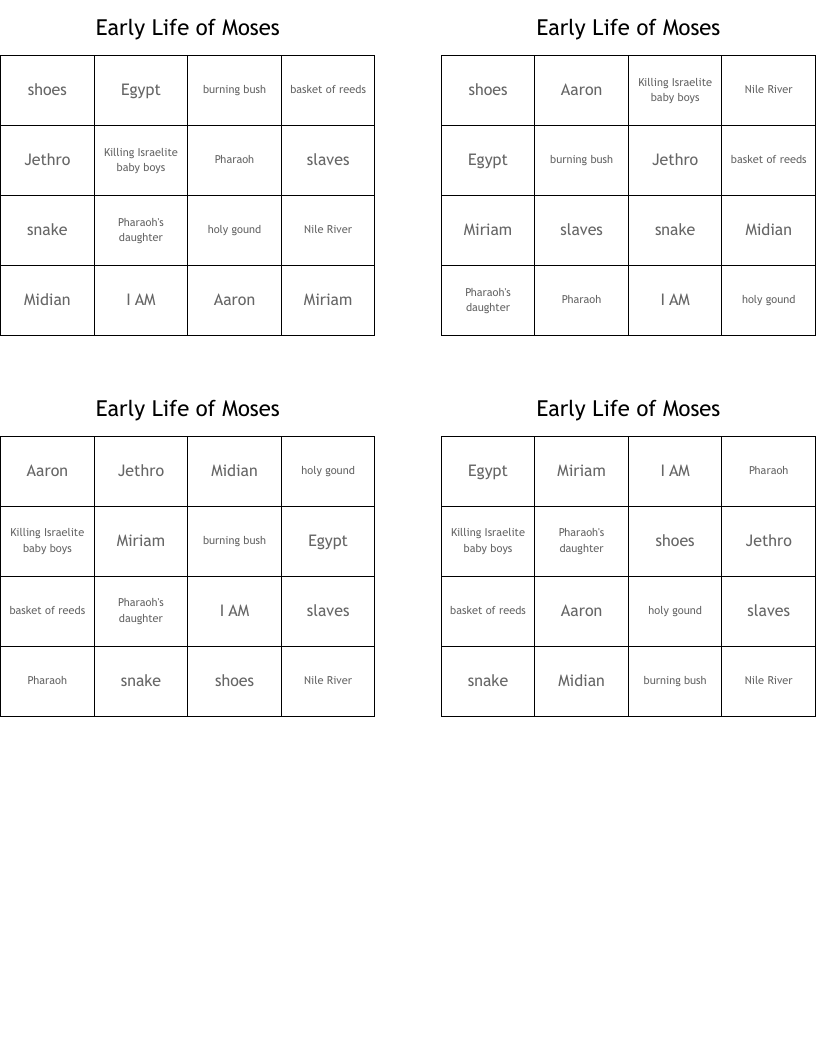 Early Life of Moses Bingo Cards