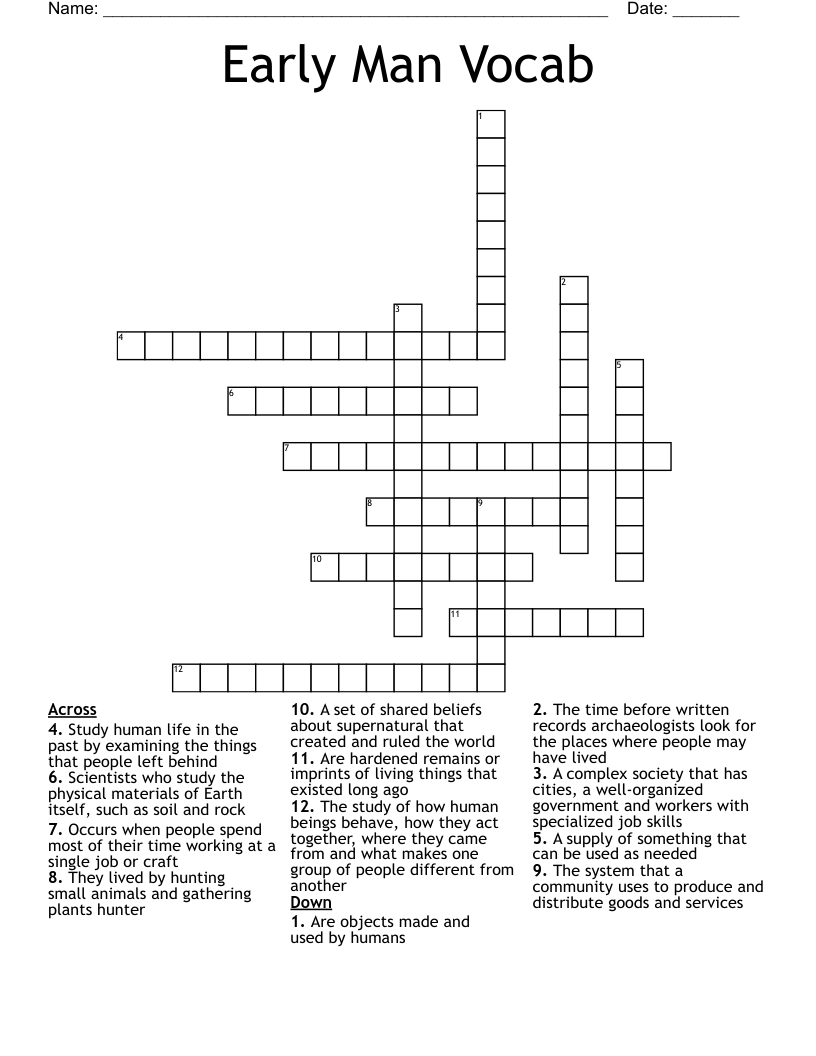 Early Man Vocab Crossword