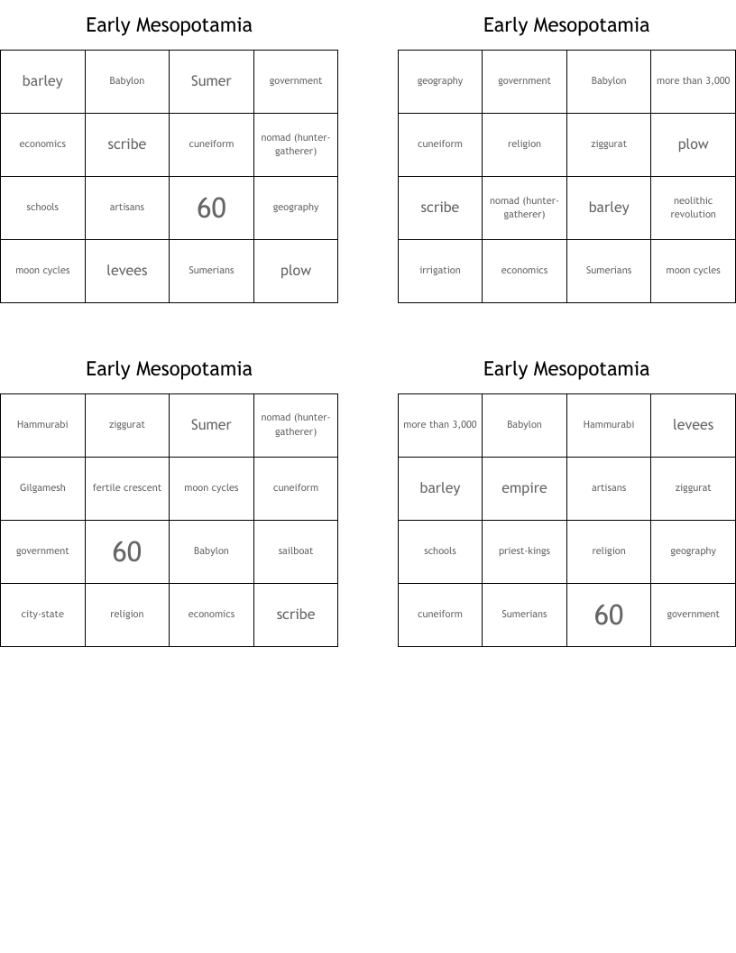 Early Mesopotamia Bingo Cards