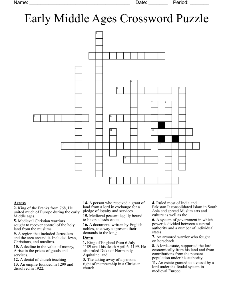 Early Middle Ages Crossword Puzzle