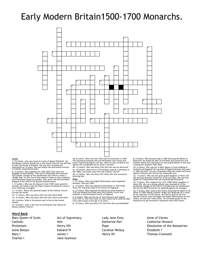 Early Modern Britain1500-1700 Monarchs. Crossword