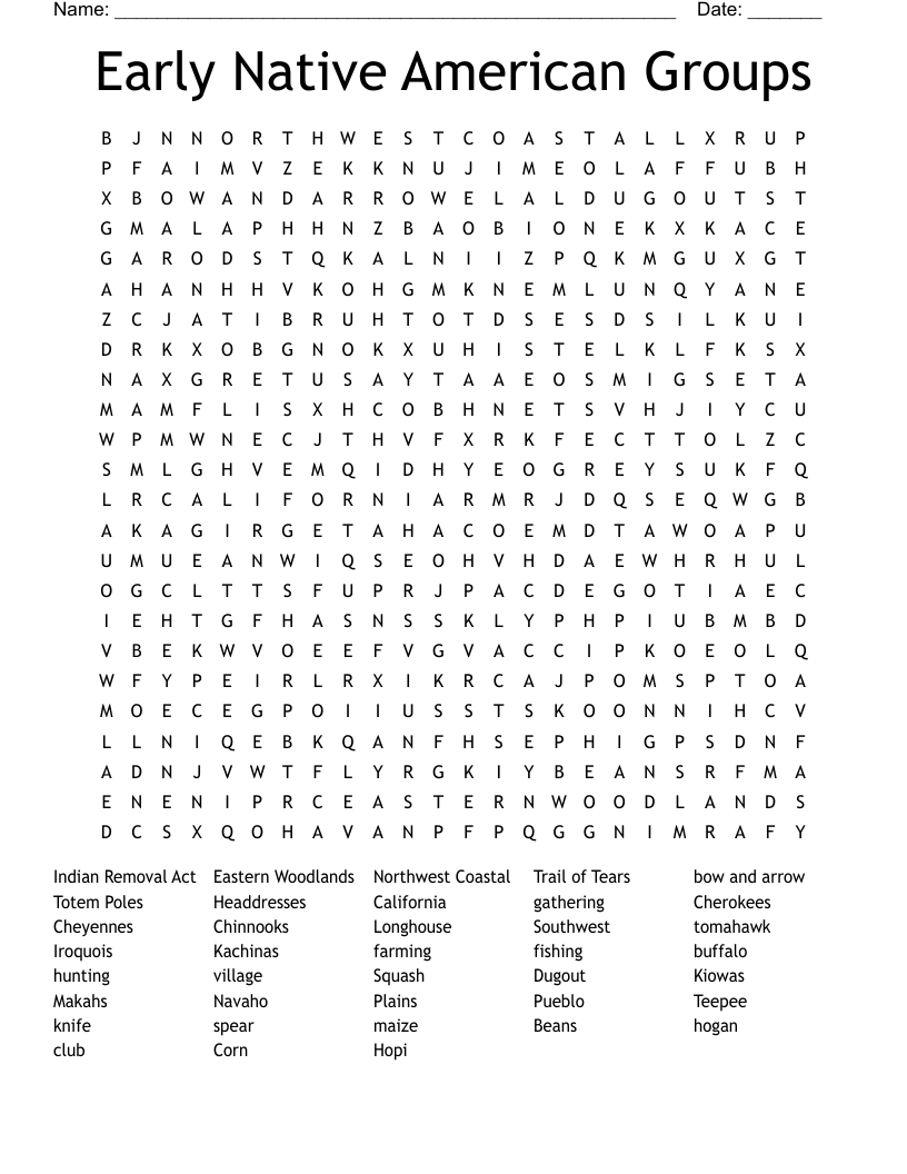 Early Native American Groups Word Search