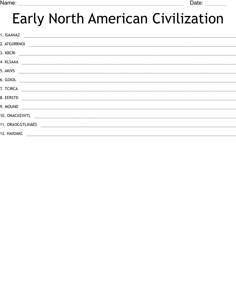 Early North American Civilization Word Scramble