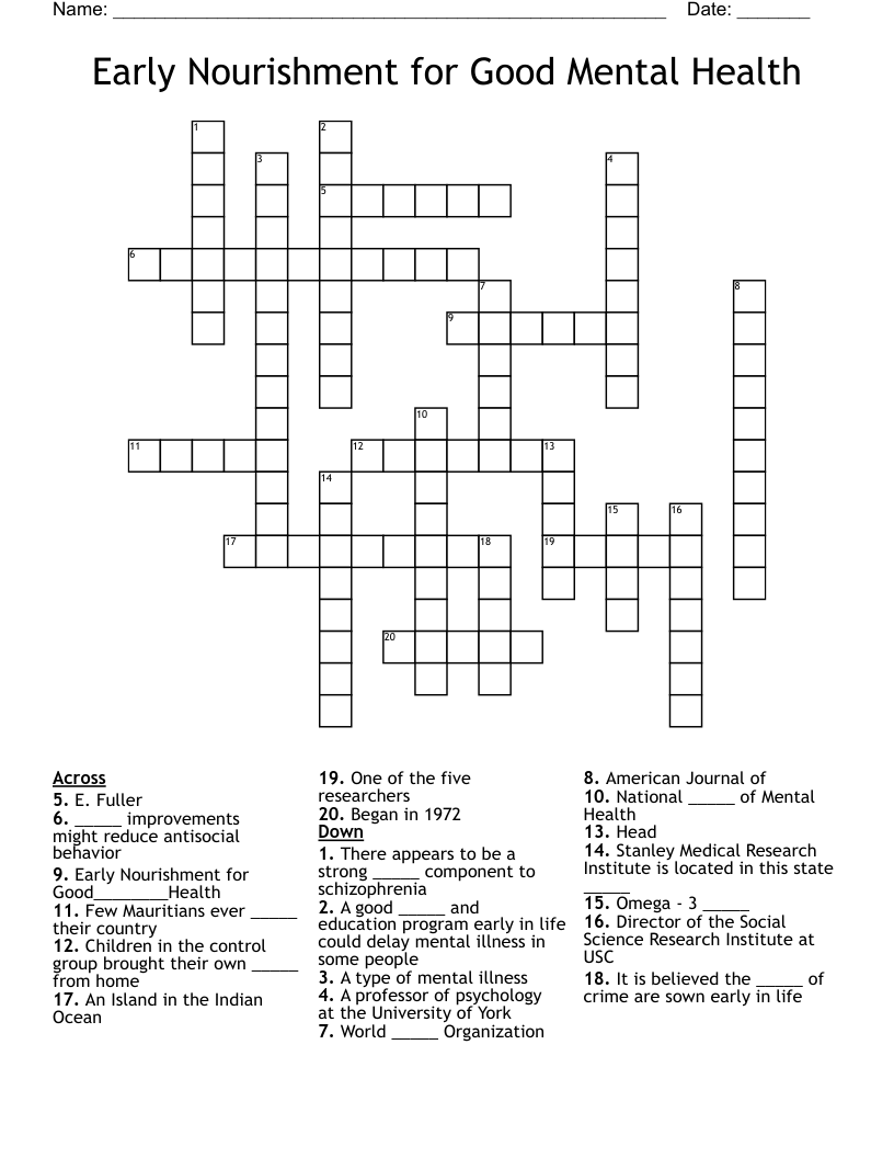 Early Nourishment for Good Mental Health Crossword