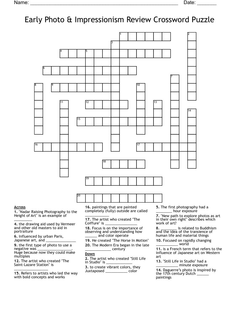 Early Photo & Impressionism Review Crossword Puzzle