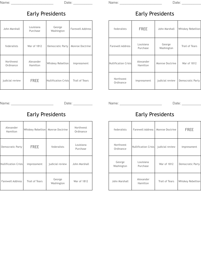Early Presidents Bingo Cards