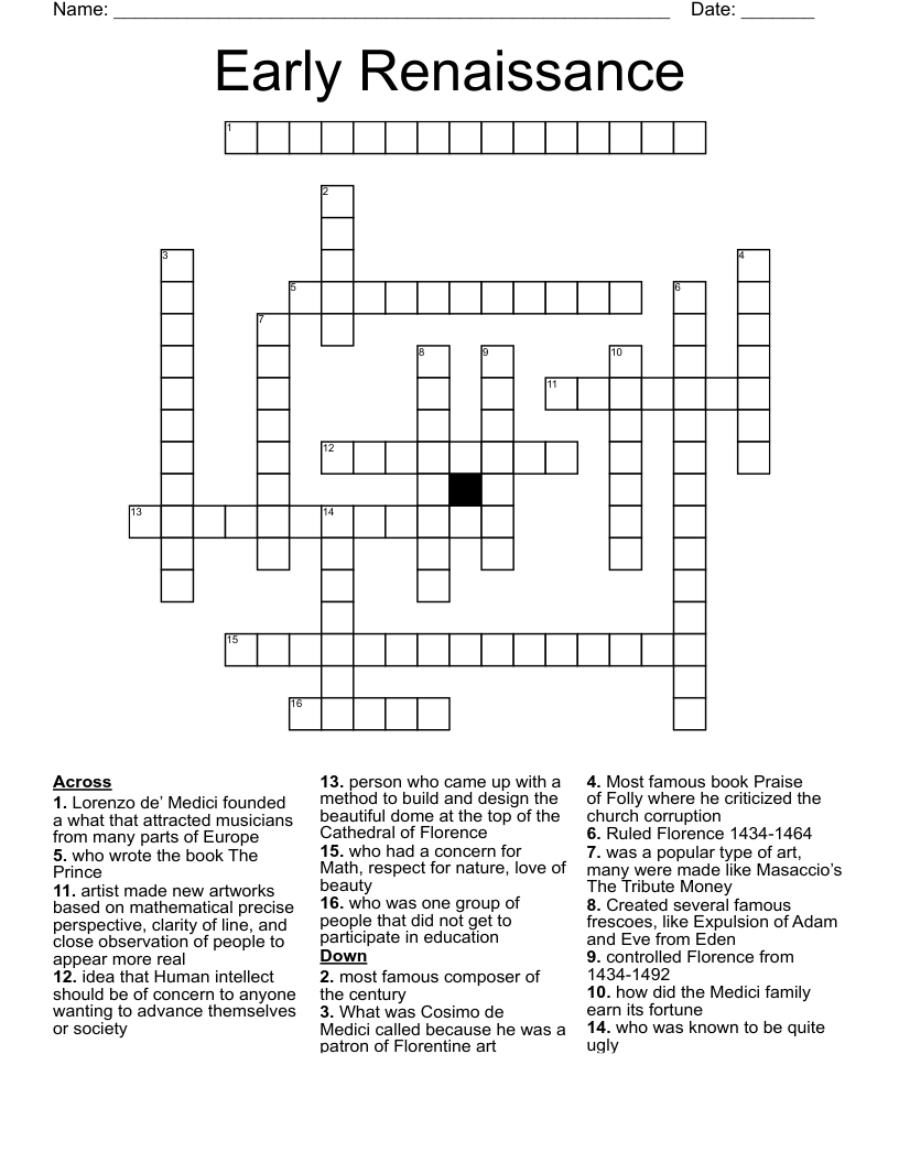 Early Renaissance Crossword