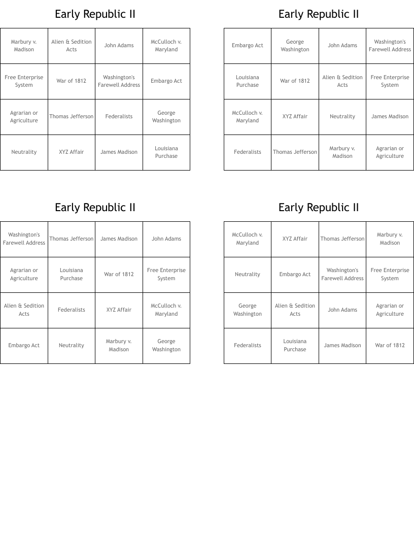 Early Republic II Bingo Cards