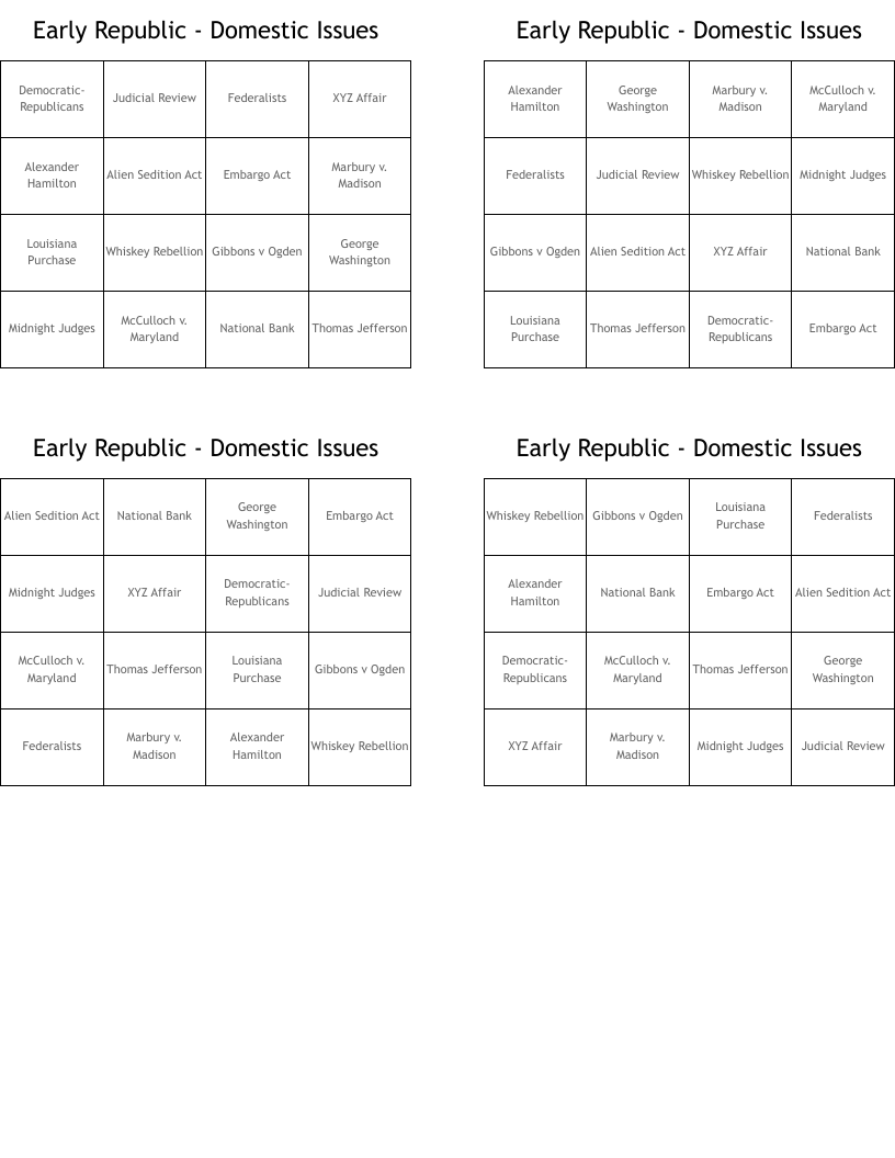 Early Republic - Domestic Issues Bingo Cards