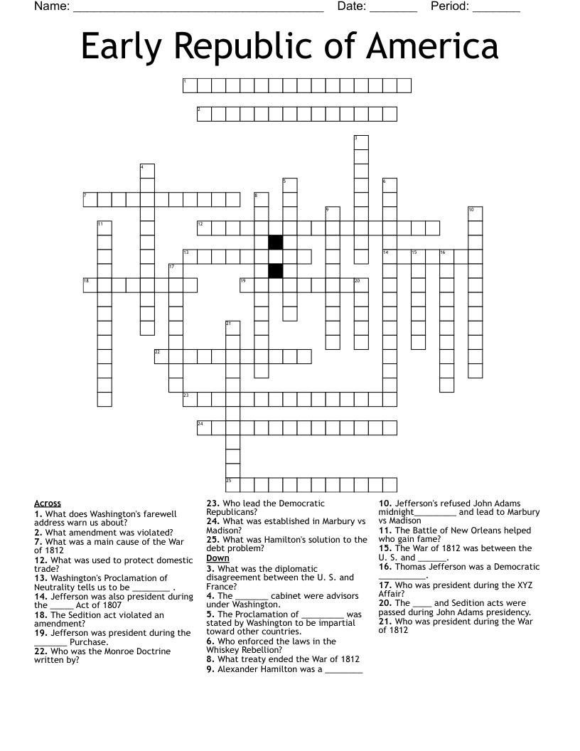 Early Republic of America Crossword