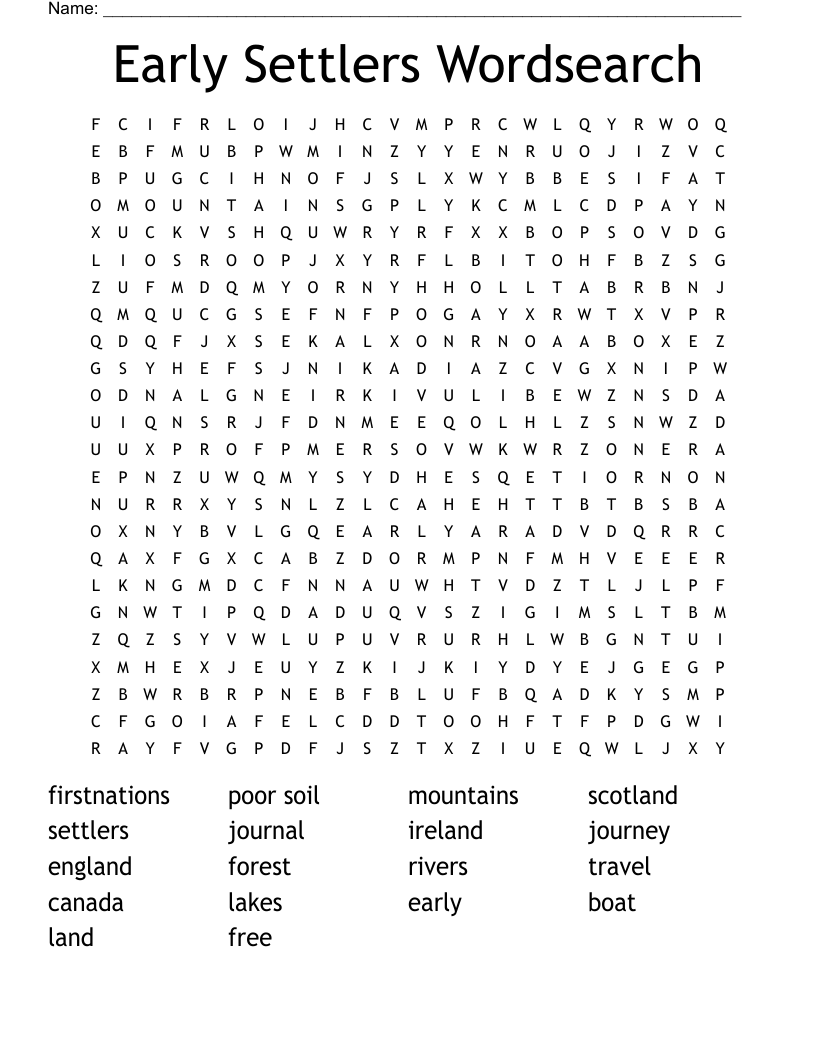 Early Settlers Wordsearch