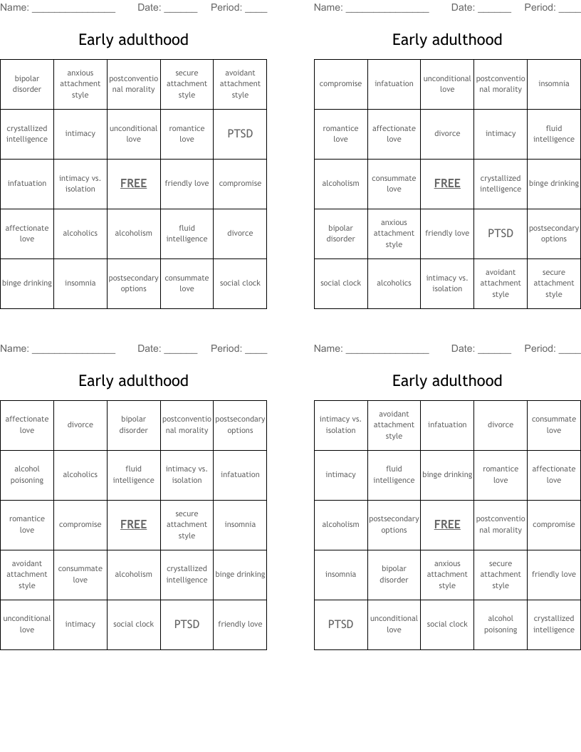 Early adulthood Bingo Cards